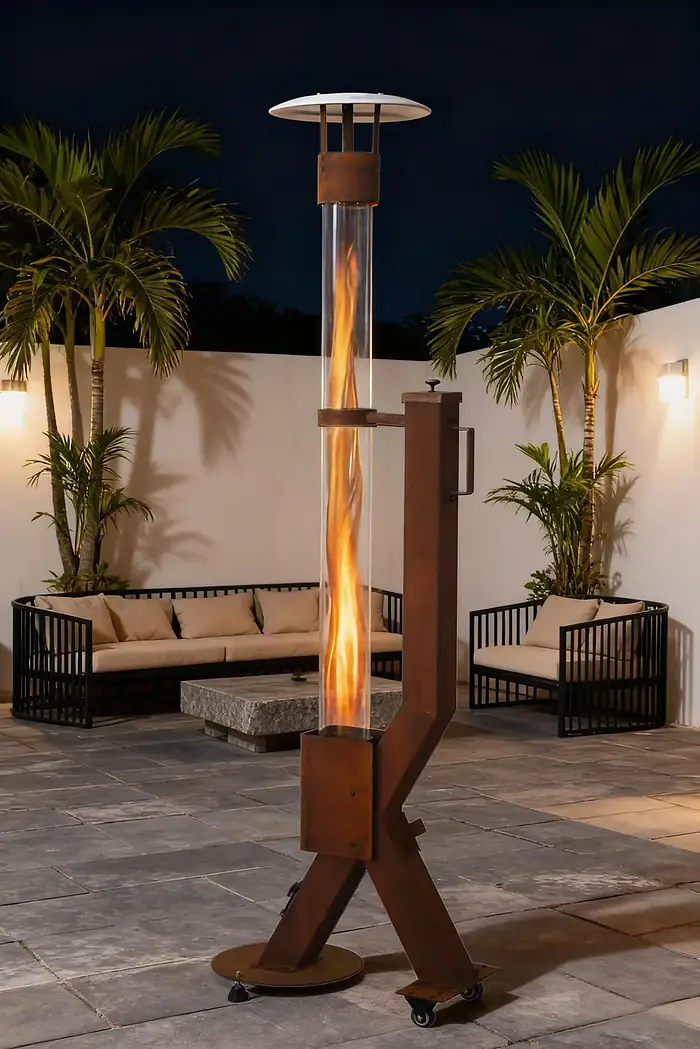 Green Flame Rocket Heater aus Cortenstahl im Innenhof