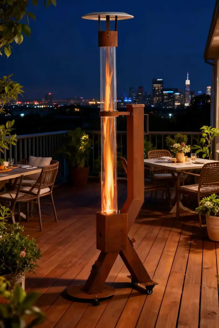 Green Flame Rocket Heater aus Cortenstahl auf einer Holzterrasse