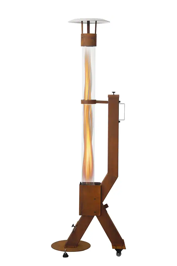 Green Flame Rocket Heater Pellet-Terrassenofen aus Cortenstahl mit Flamme im Glasrohr