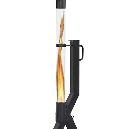 Green Flame Rocket Heater Pellet-Terrassenofen in Schwarz mit Flamme im Glasrohr