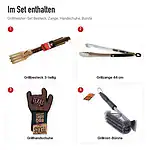 Inhalt: Grillmeister-Set mit Besteck, Zange, Handschuhen und Bürste