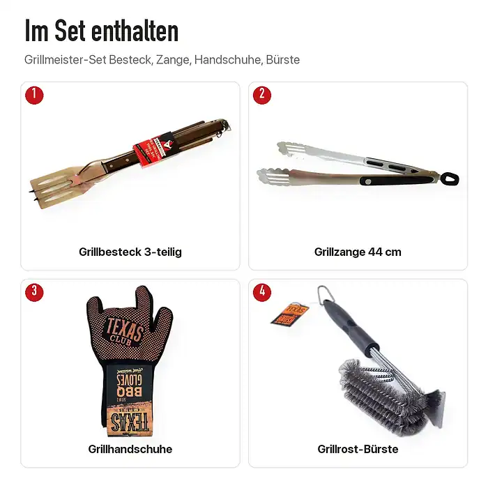Inhalt: Grillmeister-Set mit Besteck, Zange, Handschuhen und Bürste