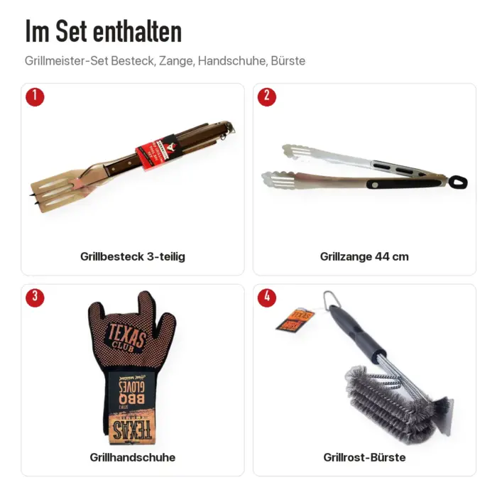 Inhalt: Grillmeister-Set mit Besteck, Zange, Handschuhen und Bürste