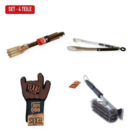 Grillmeister-Set mit Besteck, Zange, Handschuhen und Bürste