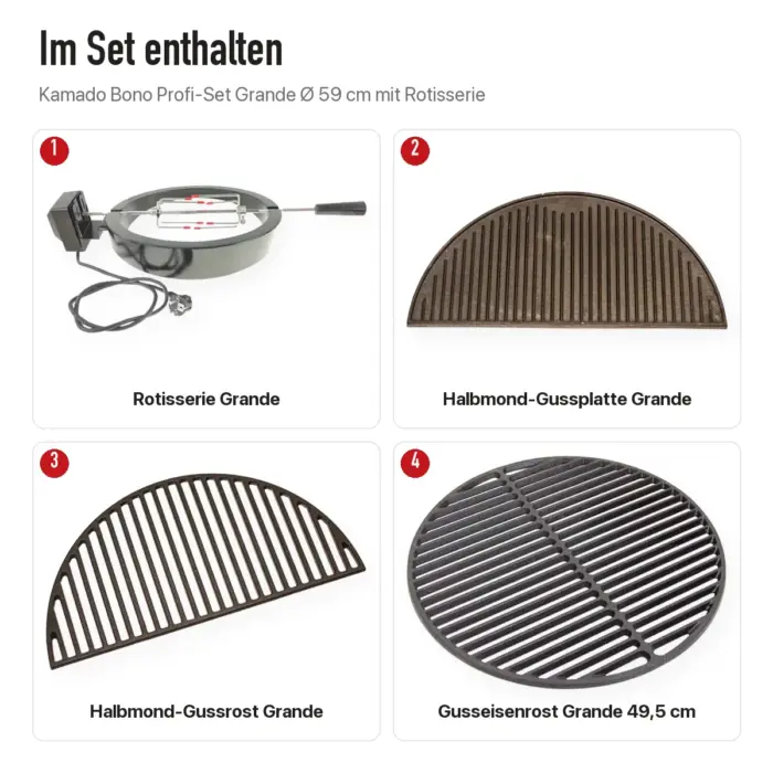 Inhalt: Kamado Bono Profi-Set Grande Ø 59 cm mit Rotisserie