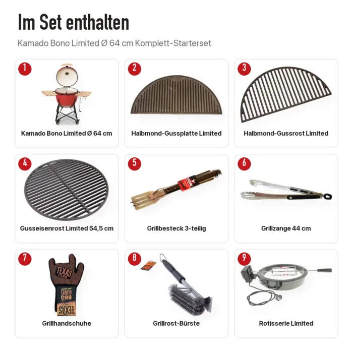 Inhalt: Kamado Bono Limited Ø 64 cm Komplett-Starterset
