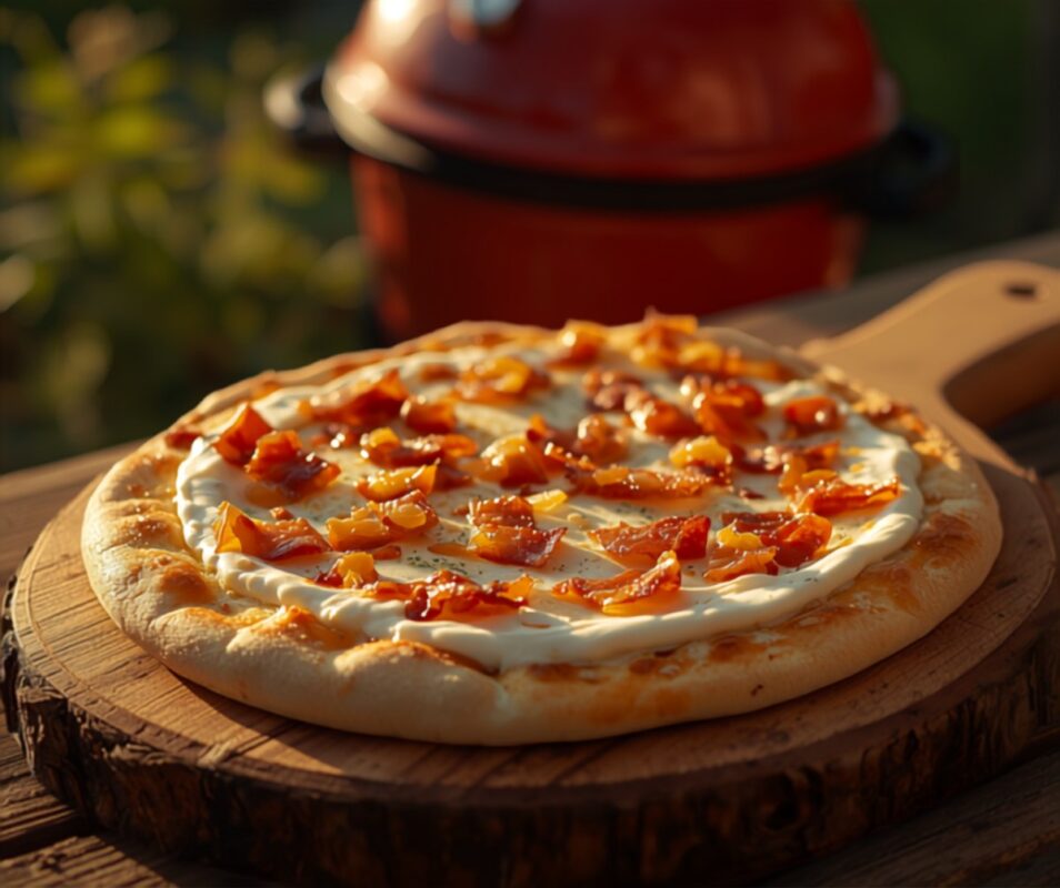 Elsässer Flammkuchen vom Pizzastein – hauchdünn und knusprig — Rezept vom Keramikgrill