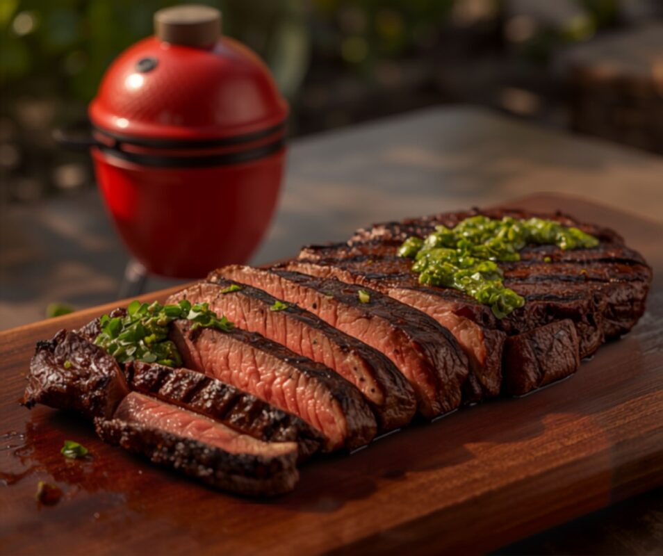 Flanksteak mit Chimichurri – kurzgegrillt und in Tranchen serviert — Rezept vom Keramikgrill