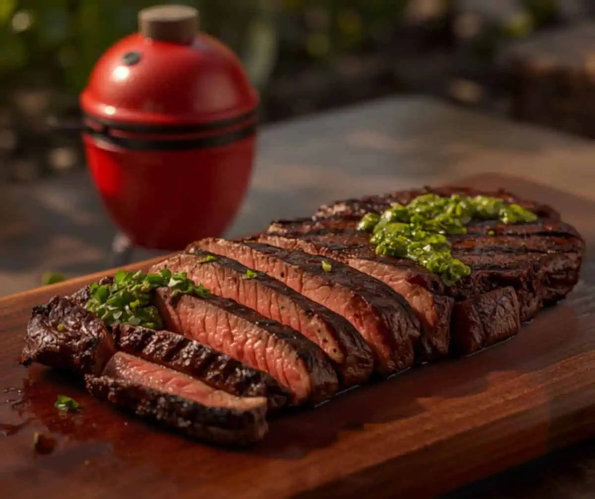 Flanksteak mit Chimichurri – kurzgegrillt und in Tranchen serviert — Rezept vom Keramikgrill