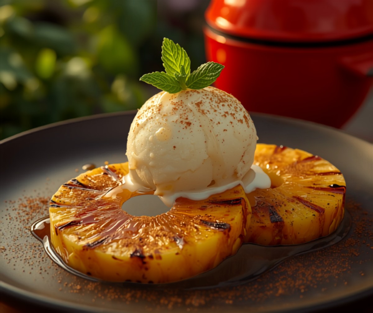 Gegrillte Ananas mit Honig, Zimt und Vanilleeis – Dessert vom Kamado — Rezept vom Keramikgrill