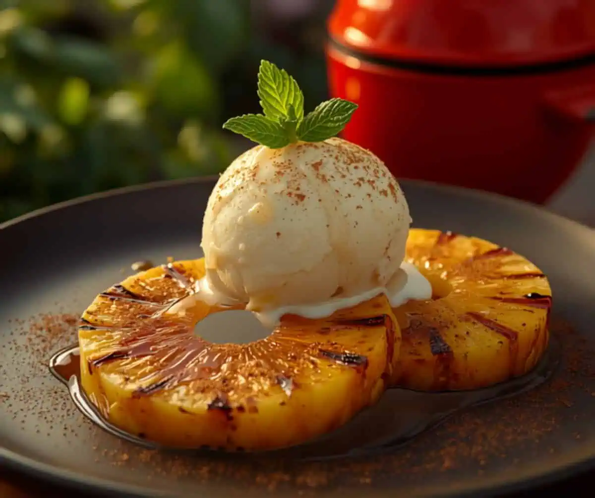 Gegrillte Ananas mit Honig, Zimt und Vanilleeis – Dessert vom Kamado — Rezept vom Keramikgrill